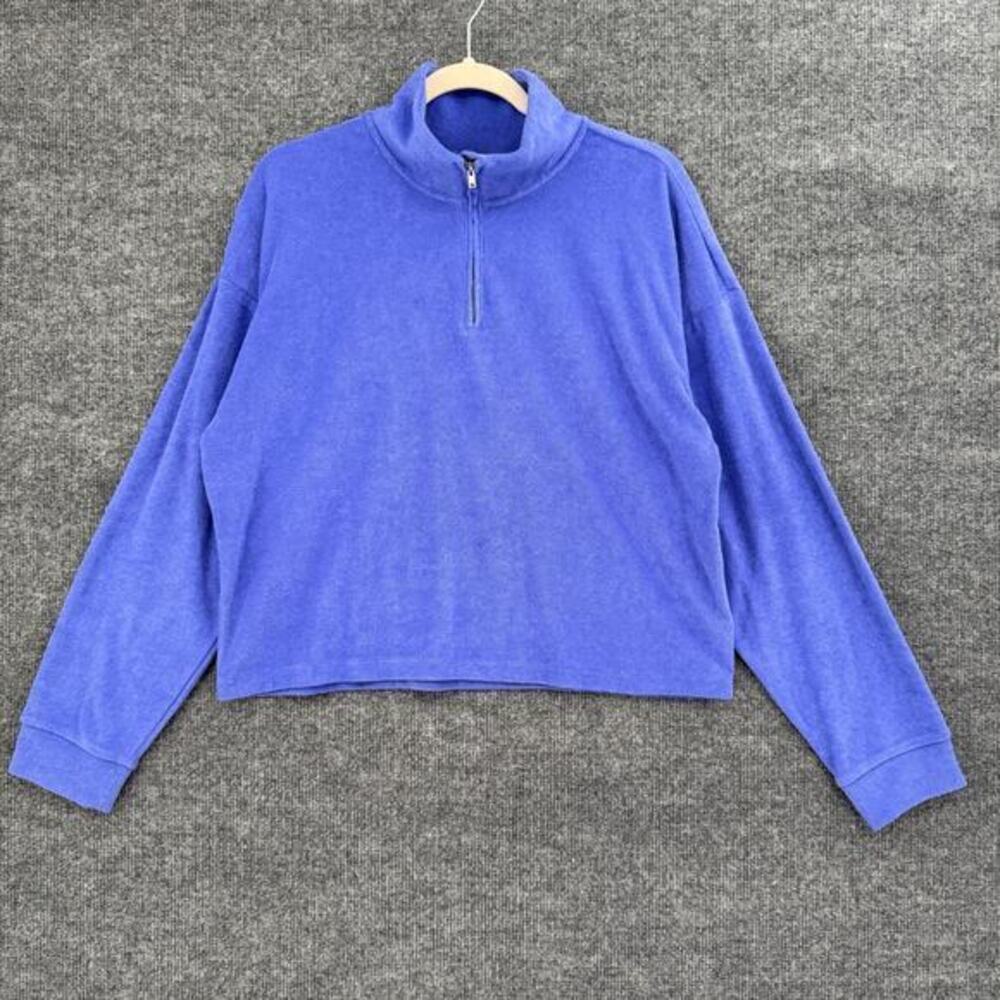 Peloton 1/4 Zip Boxy Cropped Pullover Womens Large Blue Embroidered Logo Terry